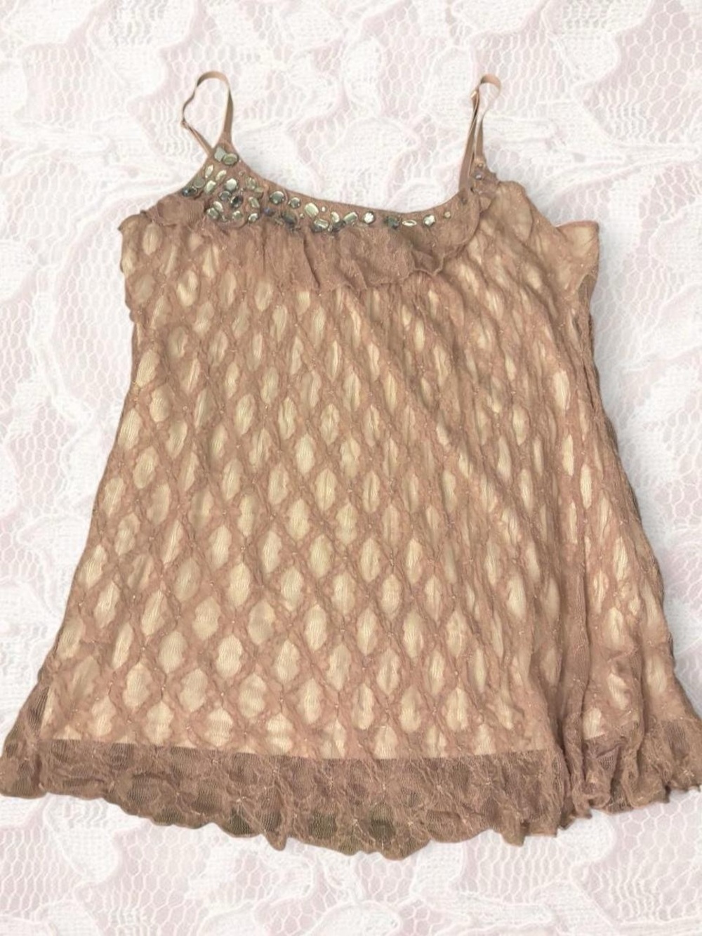 Maurices Blush Lace Overlay Tank with Studded Neckline